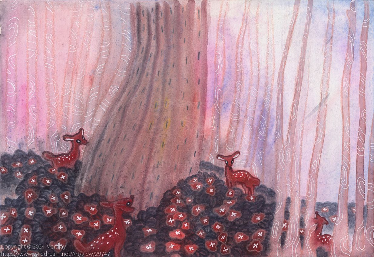 红鹿与红花的森林 by Merajay, 手绘, 鹿
