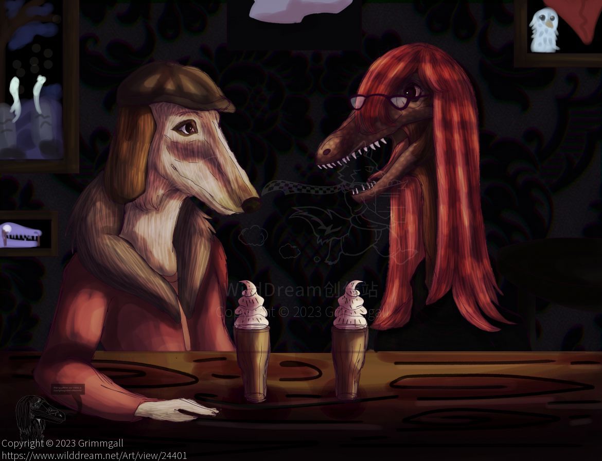 Milkshake Date by Grimmgall, anthro, furry, animal, dromaeosaurid, dromaeosaur, velociraptor, raptor, dino, dinosaur, theropod, dog, canine, hound, borzoi, vintage, glasses, newsboy cap, flat cap, parka, gay, homosexual, male on male, man love, milkshakes, date, diner, goth, gothic, love, romance