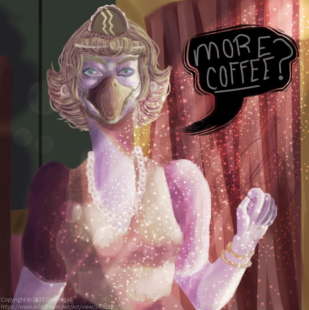 Glittering Goldie by Grimmgall, anthro, avian, bird, blond, blonde, carl barks, carlbarks, character, coffee, dance hall girl, disney, disney ducks, disneyducks, dress, drink, duck, female, furry, girl, glittering goldie, glitteringgoldie, glittering_goldie, goldie ogilt, necklace, pearls, showgirl, vintage, walt disney, waltdisney, waterfowl