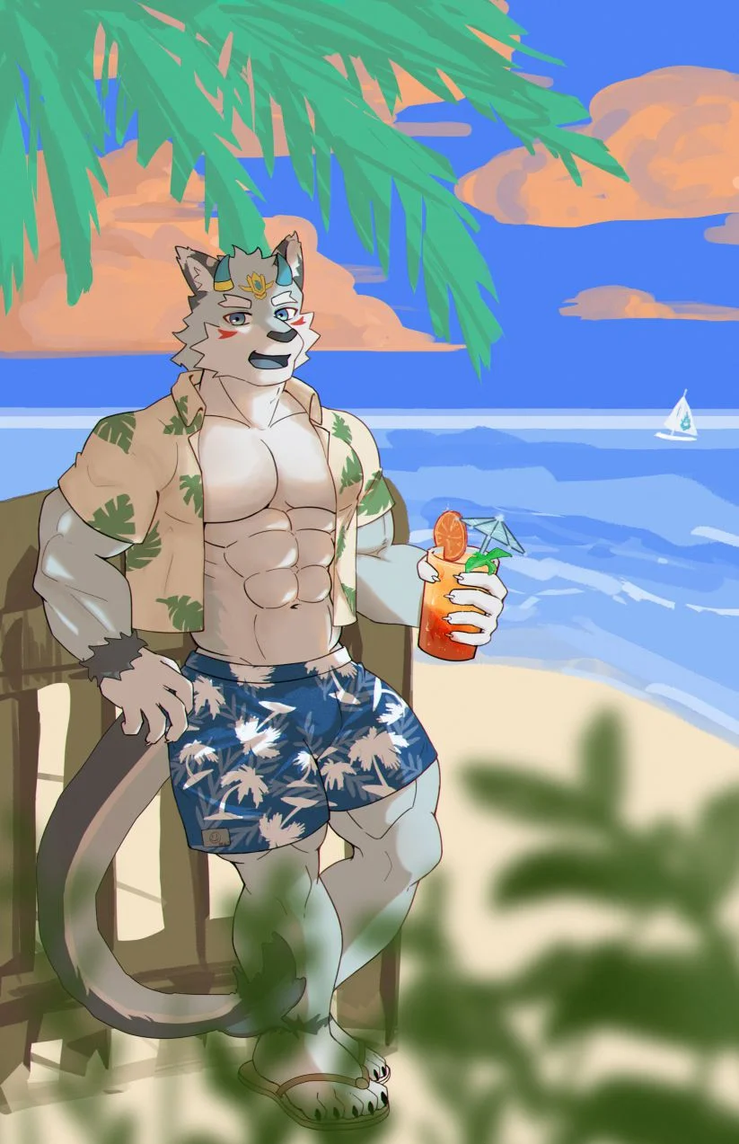 海边必须要有清凉的饮料不是吗？ by 木吉6, furry , 肌肉, 狼 
