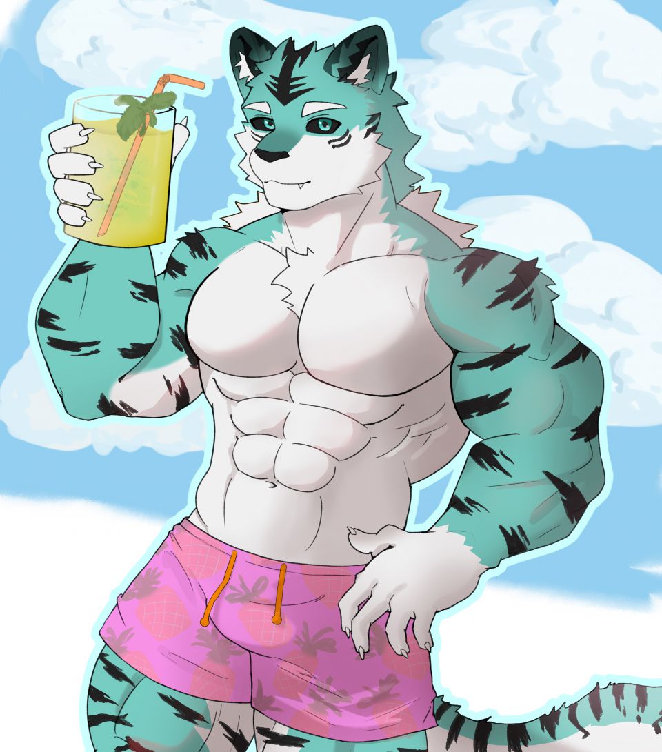 夏天在海边要记得补水哦 by 木吉6, furry , 肌肉, 虎