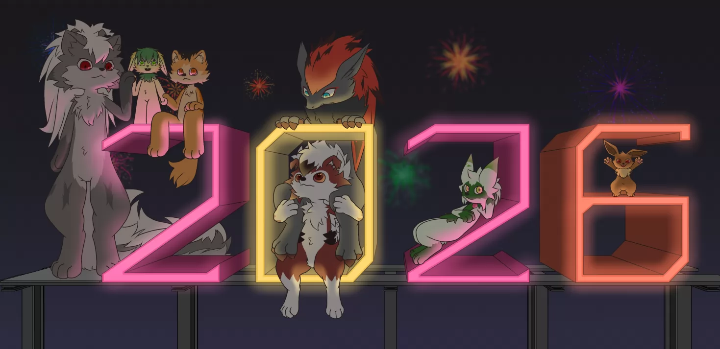 2026新年快乐 by KyShan, eevee, floragato, fox, Furry, midnight lycanroc, pokemon, zoroark