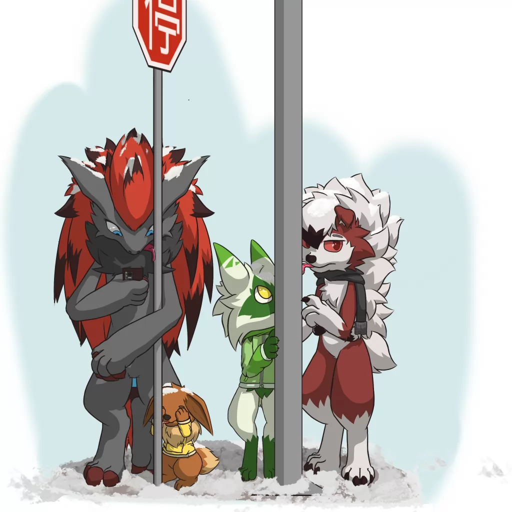 据说冬天的铁杆是甜的 by KyShan, eevee, floragato, fox, Furry, midnight lycanroc, pokemon, zoroark
