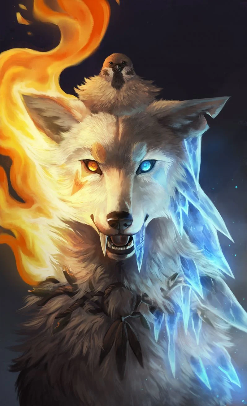 Of Fire and Ice by 迅风掠影, 冰, 厚涂, 插图, 火, 狼, 自设, 麻雀