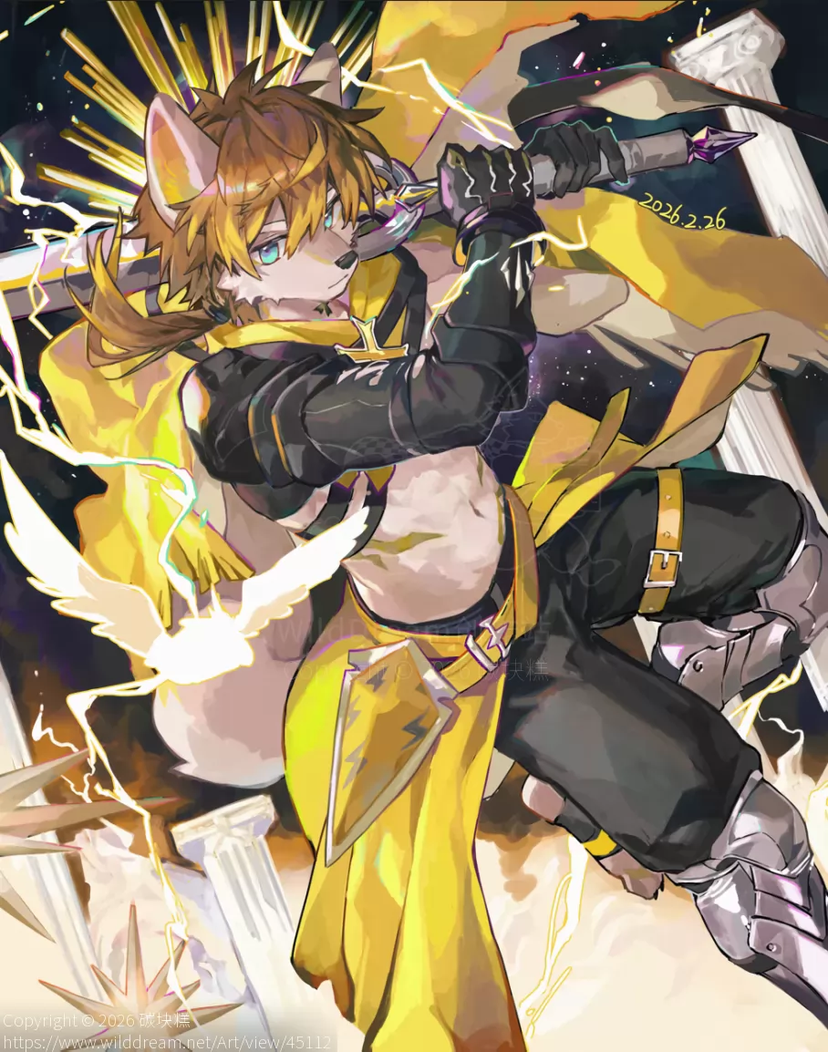 雷霆万钧 by 碳块糕, furry, 插画, 兽人, 狼