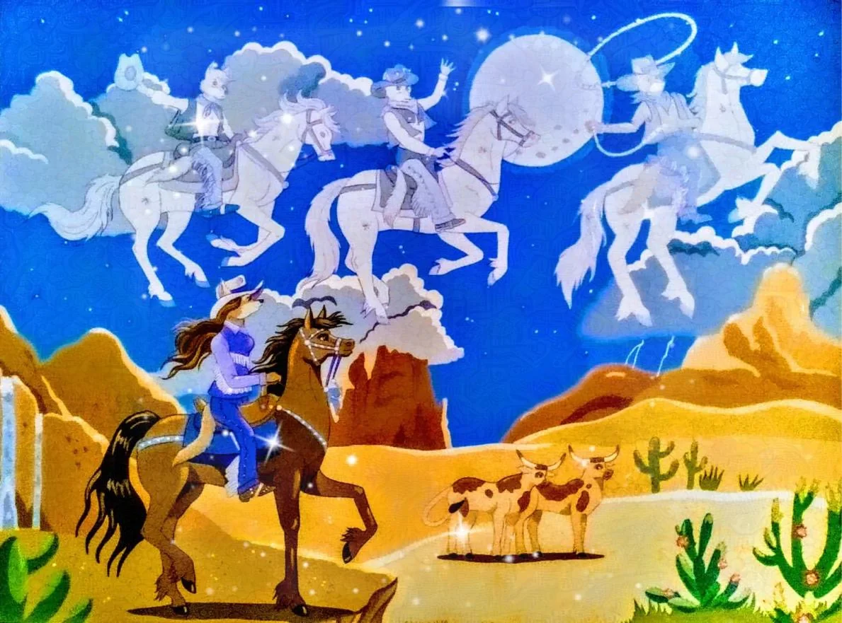 Ghost Riders In The Sky by FoxyFlapper, cowboy, cowgirl, coyote, ghost, horse, western