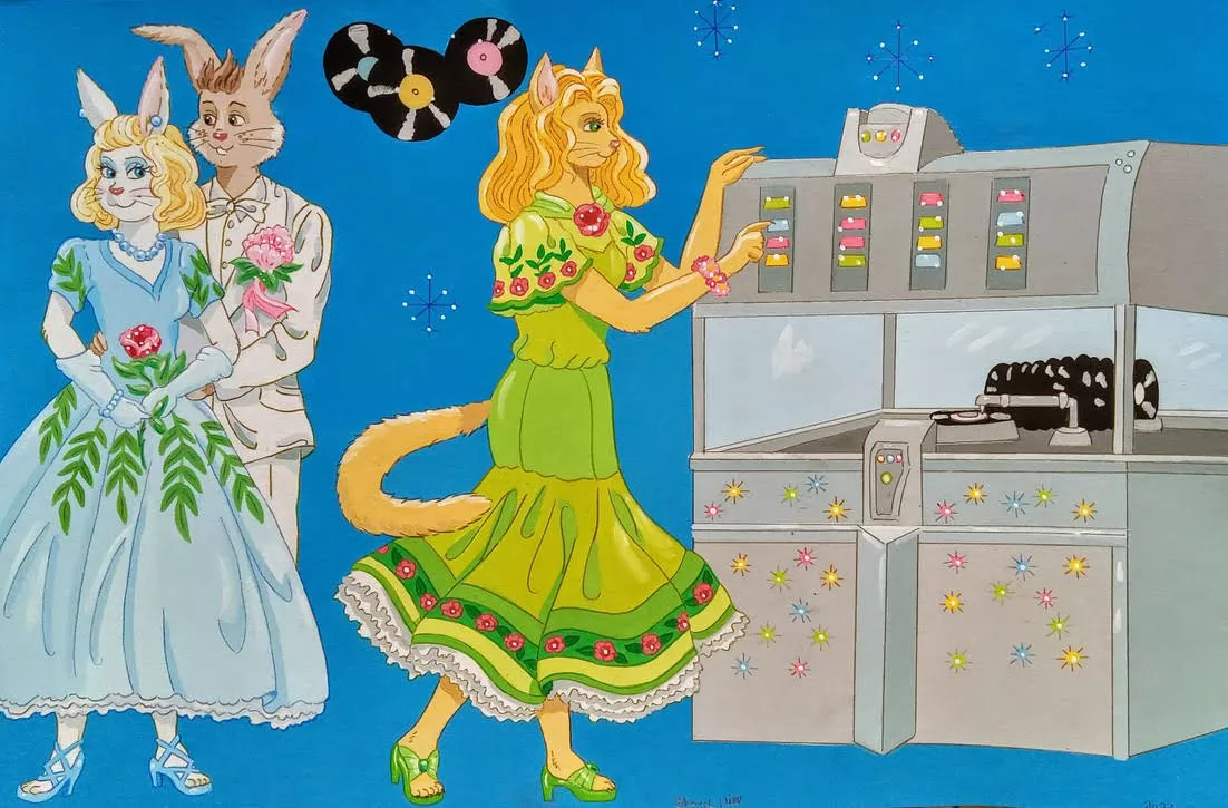 After The Prom by FoxyFlapper, 1950s, cat, rabbit, retro, vintage