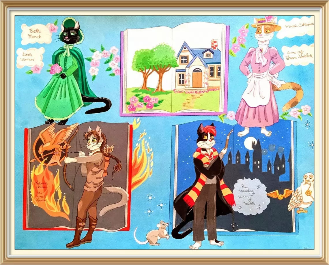 Storybook Kitties by FoxyFlapper, storybook, harrypotter, anneofgreengables, thehungergames, littlewomen, cats