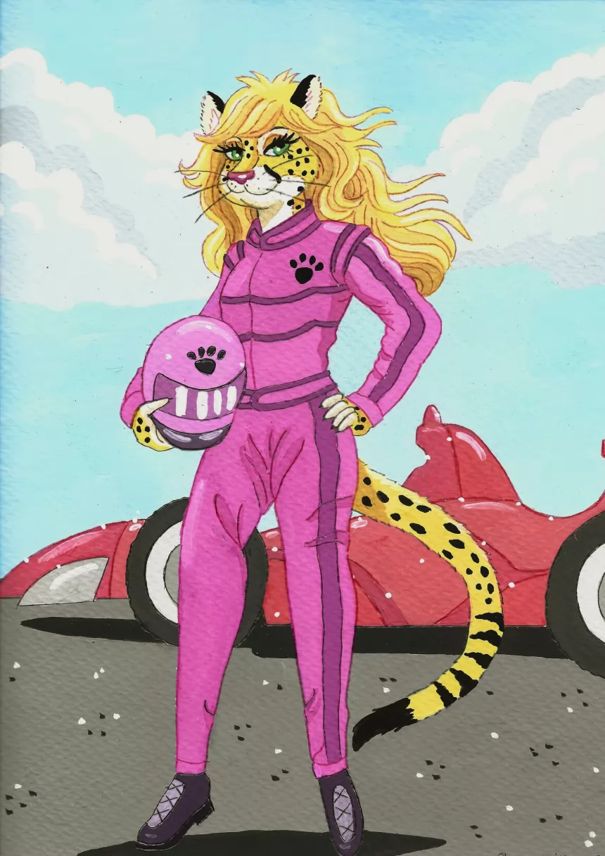 Miss Indiana by FoxyFlapper, cheetah, pink, racecar, racecardriver