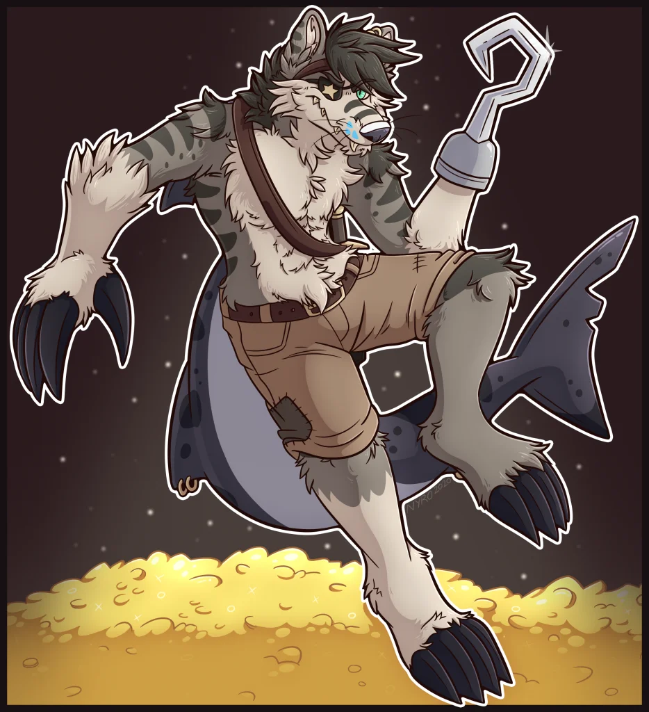 Gold-Loving Pirate by kstreetalley, animal, character, digital, furry, canine, drawing, cartoon, anthro, shark, wolf, hybrid, pirate, treasure, gold