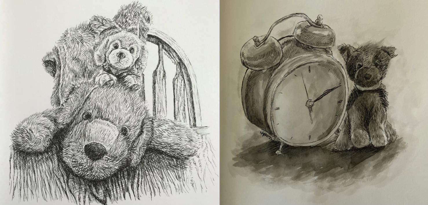 Pen and Ink Drawings by kstreetalley, clock, dog, drawing, pen and ink, plush, toy, traditional