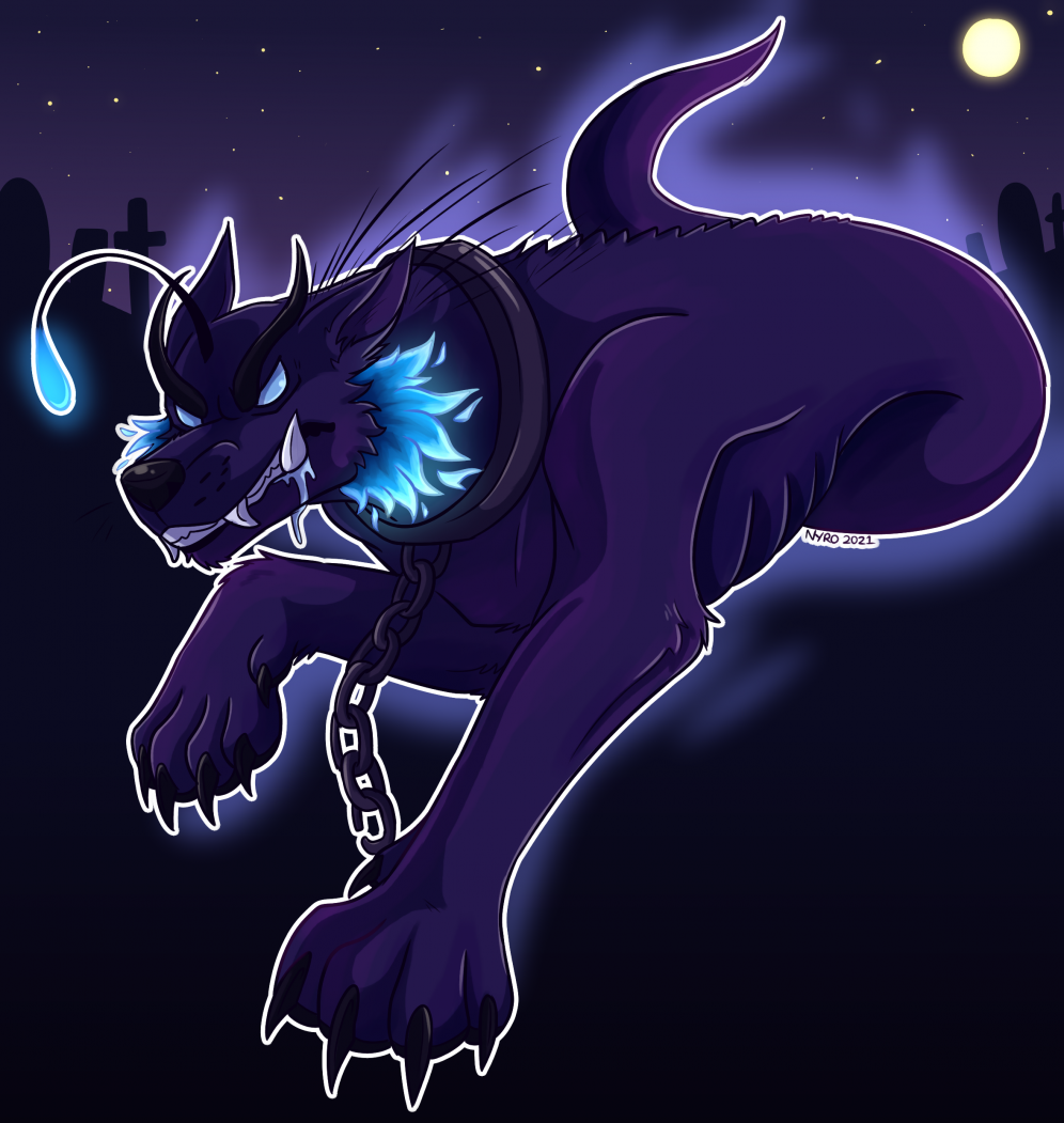 Graveyard Guard Dog by kstreetalley, animal, canine, character, digital, dog, drawing, fish, ghost, graveyard, monster