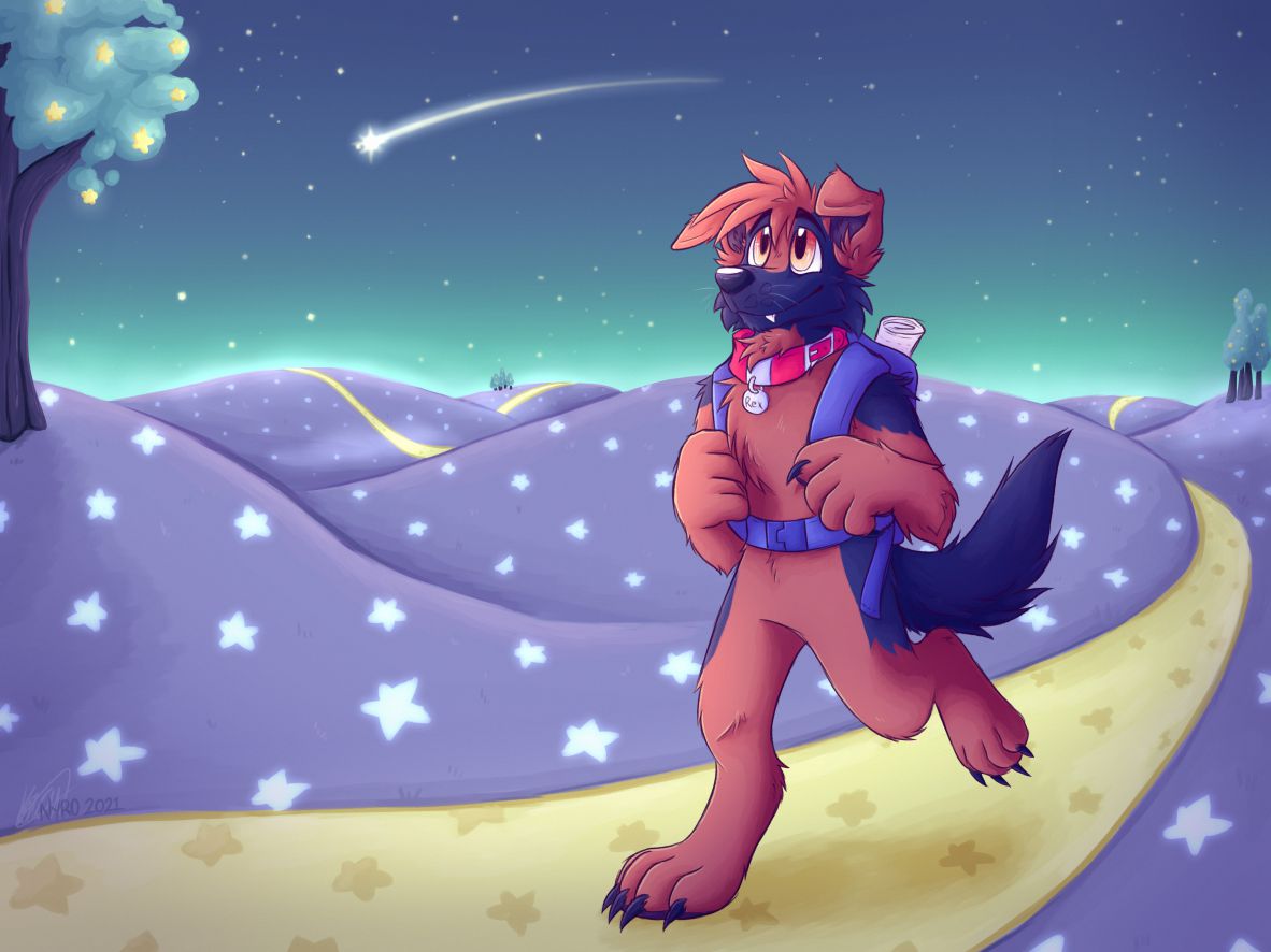 Oldest (First) Character + Journey by kstreetalley, canine, digital, painting, animal, dog, scenic, anthro, drawing, star, landscape, night, october prompt