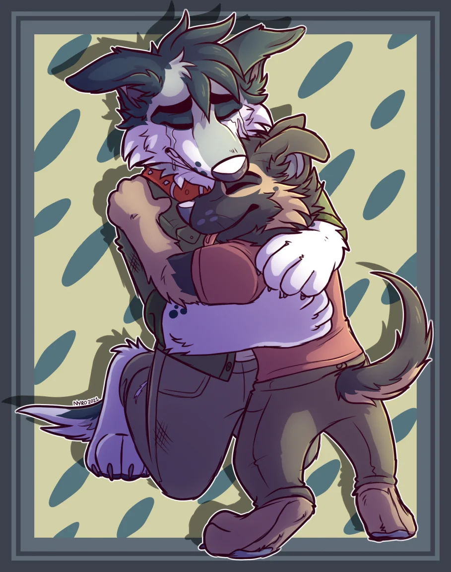Dramatic Backstory + Embrace by kstreetalley, animal, cartoon, dog, october prompt, digital, canine, german shepherd, panda shepherd, mammal, character, hug, sad