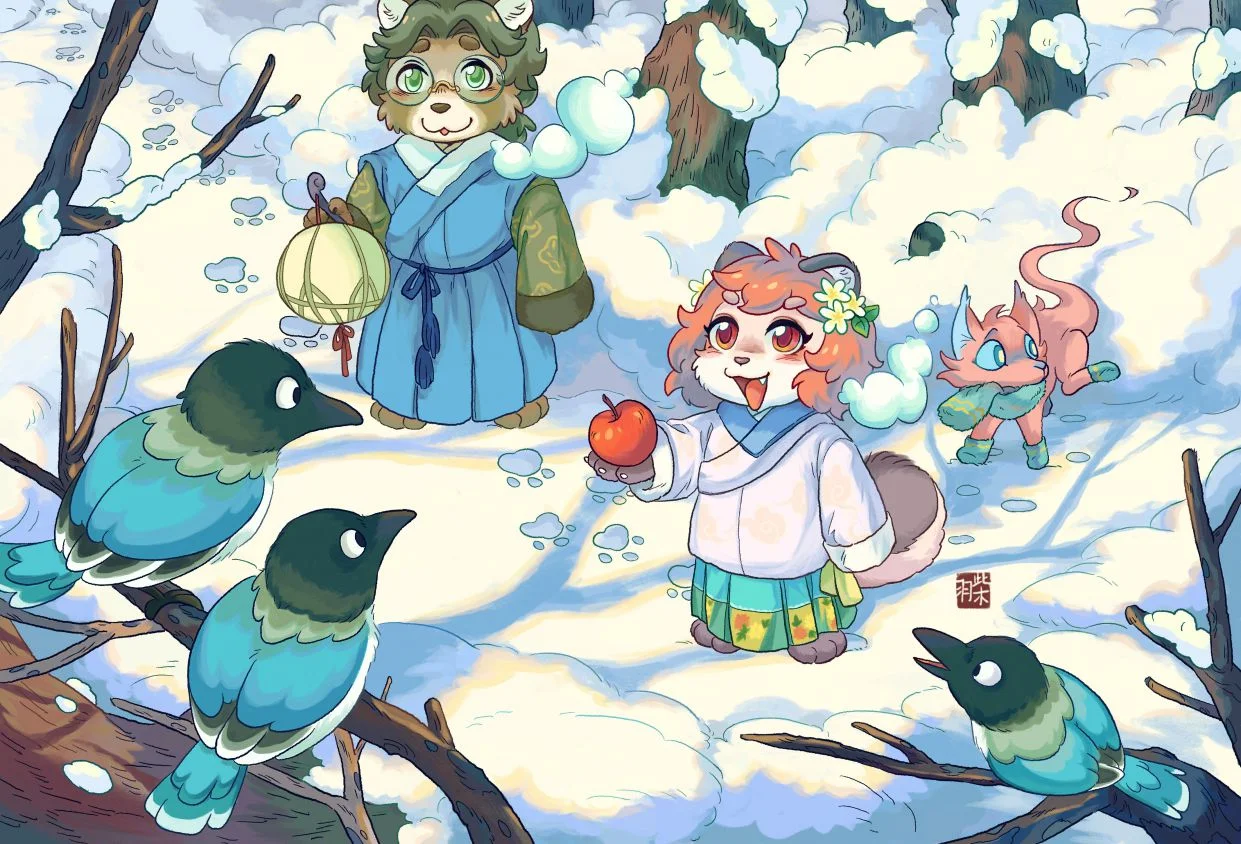 23.1223冬日 by 毛毛此木, 插画, 中国风, 可爱, 貉, 治愈系