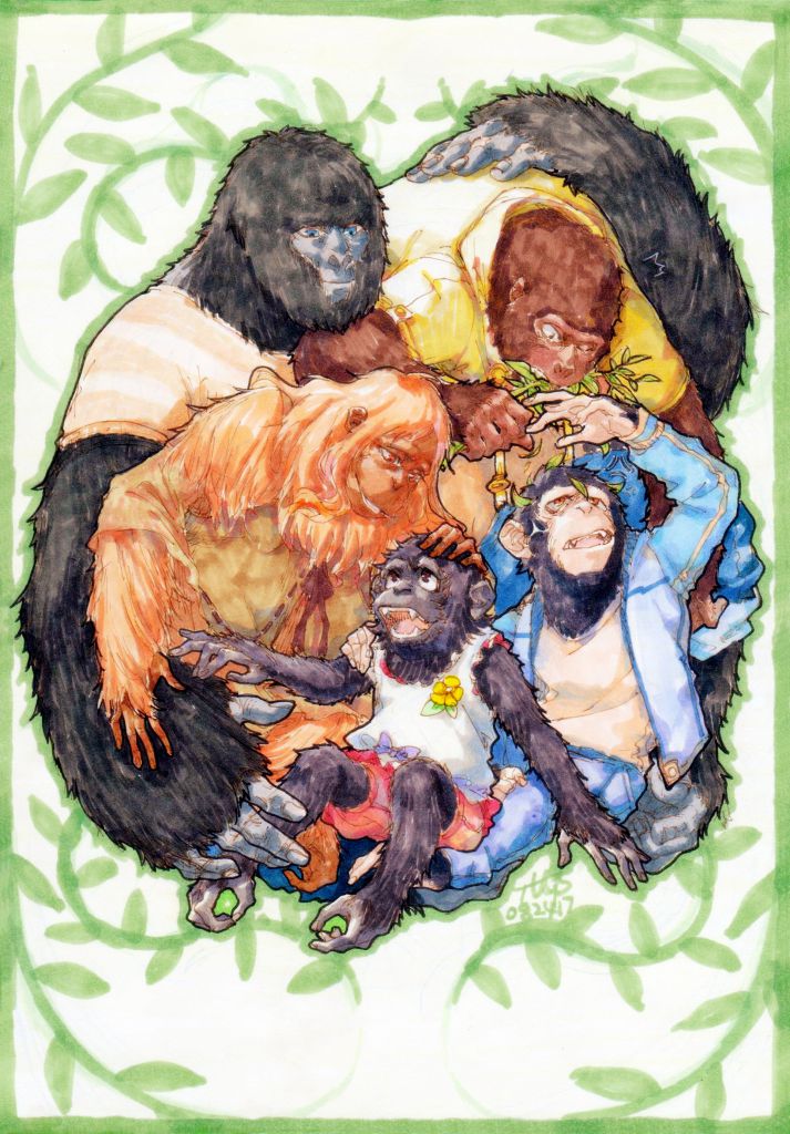 猩猩一家亲 by 芮落颖, 倭黑猩猩, 大猩猩, 山地大猩猩, 红毛猩猩, 黑猩猩