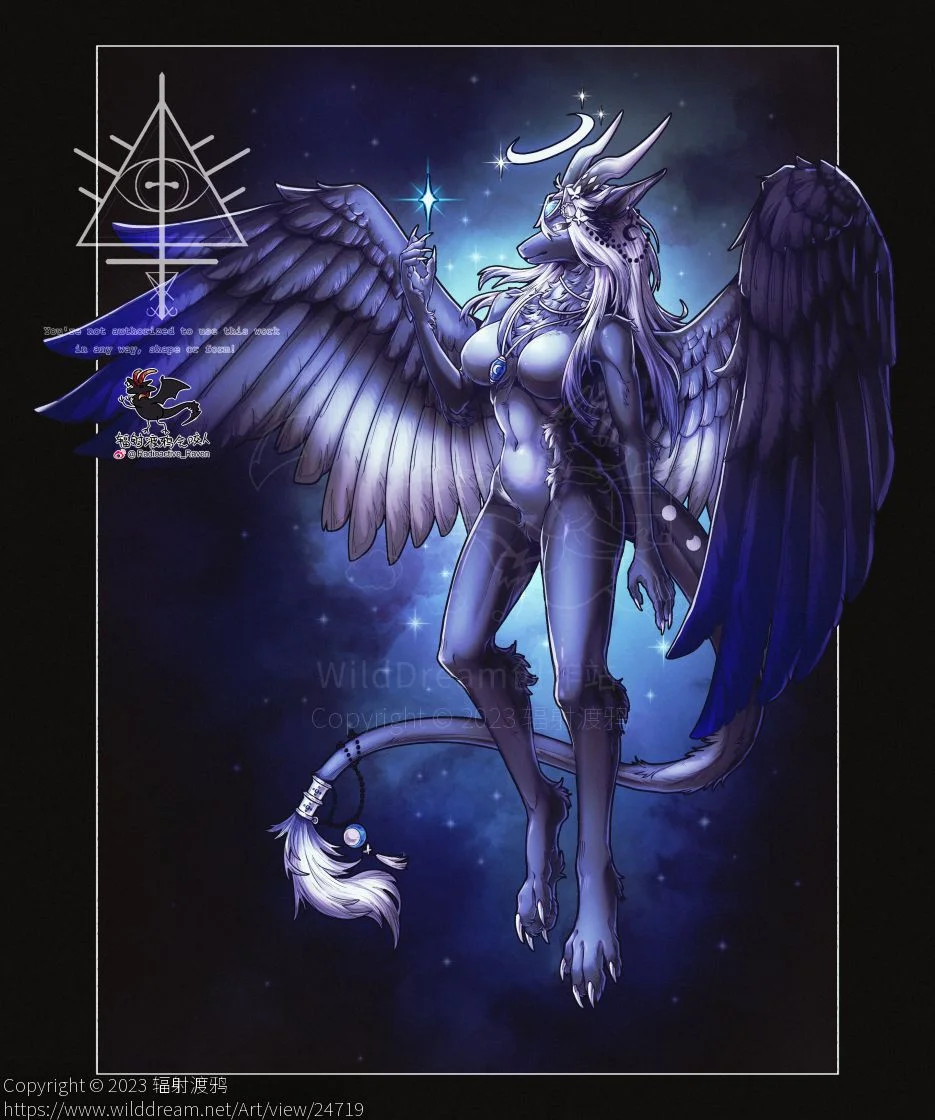 【稿】黑夜白月 by 辐射渡鸦, furry, 幻想生物, 龙, 西方龙