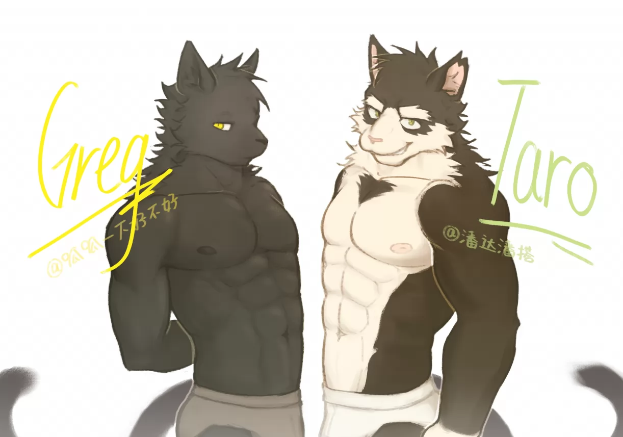 【OC&赠图】茂密贴贴 by 呱呱一下好不好, OC, 赠图, 猫科兽人, 黑猫, 奶牛猫