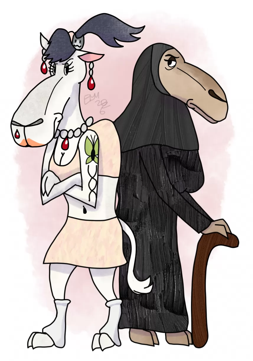Two offended camels by EternalMoon, anthro, arguing, camel, grumpy, hijab, mammal, ungulate