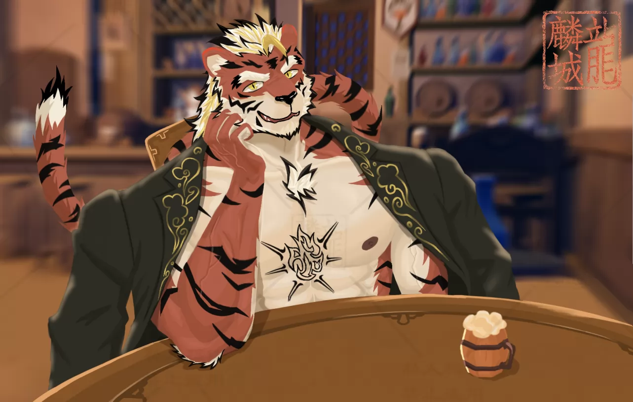 酒馆大脑虎 by 龍麟城, furry, 兽人, 肌肉兽人, 虎