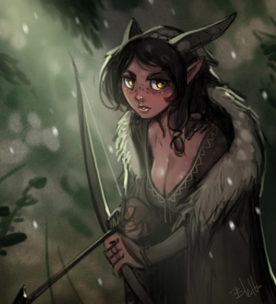 Darker Depths Comic First Character! by Bleats, Female, Tiefling, SFW, Fantasy, DungeonsAndDragons, Clothes, Cloak, Bow, Arrow, Forest, Hair, Horns, Ranger, Art, Digital