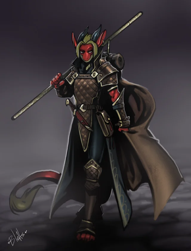 Traveling Soul by Bleats, Solo, Male, Dragon, Adventurer, Traveler, Weapons, Staff, Dagger, Clothes, Armor, Backpack, Hair, Horns, Tail, Art, Digital, Commission