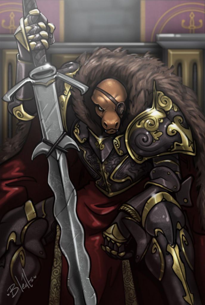 A King on his Throne by Bleats, Solo, Male, Reptile, Lizard, SFW, Clothes, Armor, Plate, Heavy, Sword, Weapon, Throne, Art, Digital, Commission