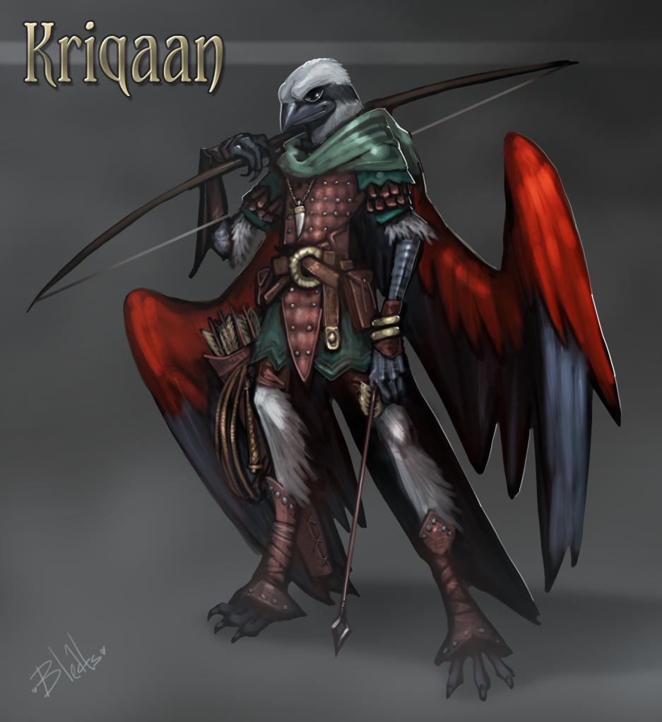 Kriqaan by Bleats, Solo, Male, Avian, Arakocra, SFW, Clothing, Armor, D&D, Ranger, Weapon, Bow, Arrow, Whip, Wings, Feathers, Art, Digital, Commission