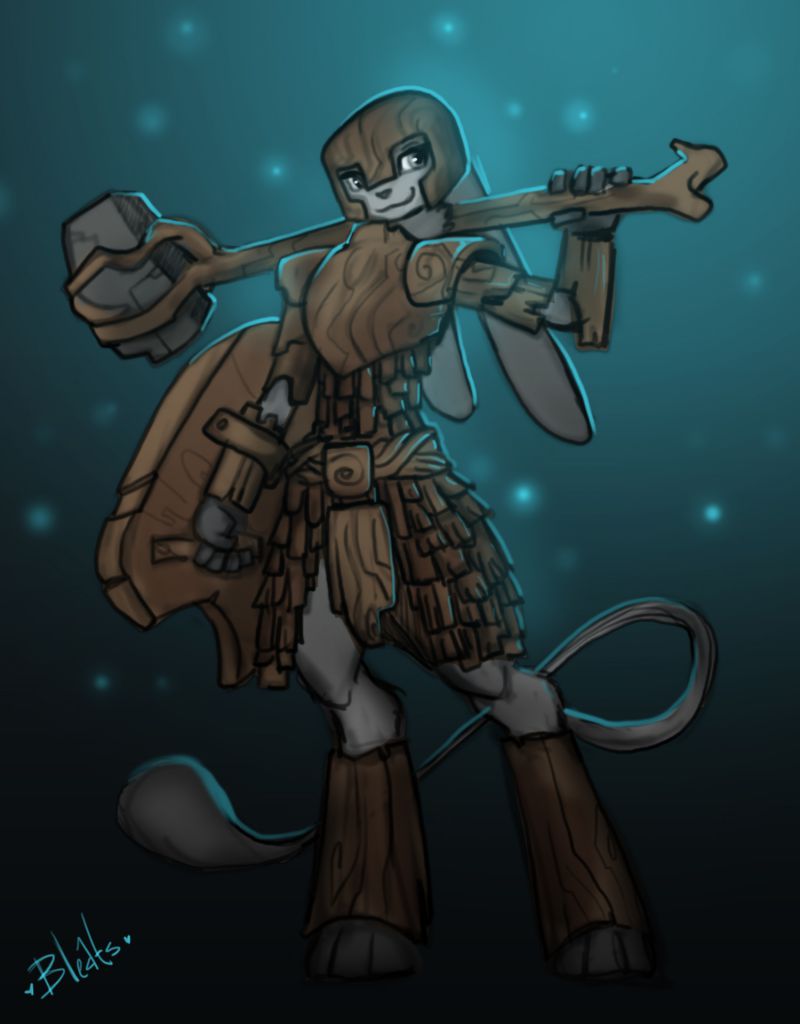 Freebie Stream - Gittons by Bleats, solo, male, exotic, tiban, sfw, clothes, clothing, clothed, armor, shield, weapon, mace, wood, bark, rock, belt, helmet, fur, ears, tail, art, digital, freebie