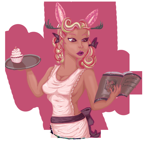 Sunny pinup #2 by Jackartlope, baking, cooking, Jackalope, pink, reading