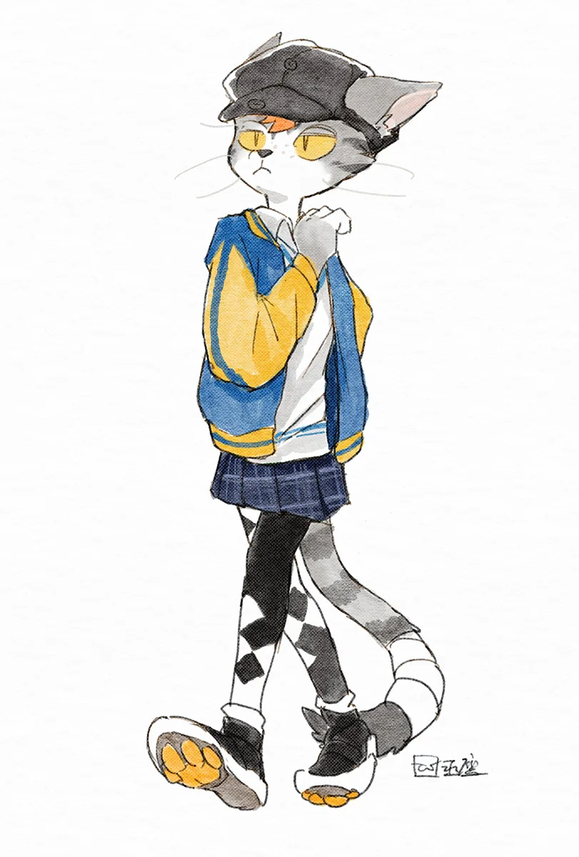 吔，短裙 by 巫鷹, 报童帽, 棒球夹克, 猫, 短裙