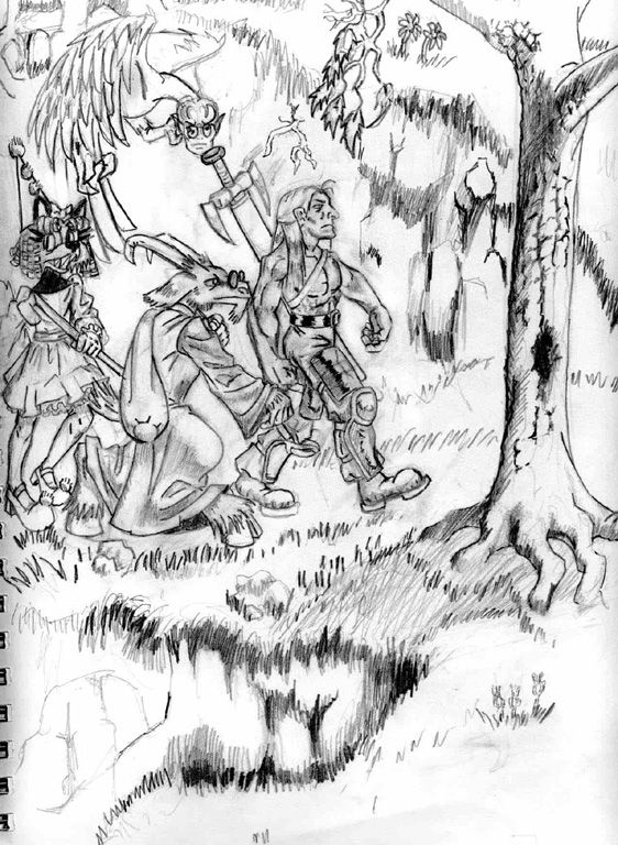 Traveling by thefurlong, traveling goat robe man chimera flying clown dress petticoats woods tree rock rock sword