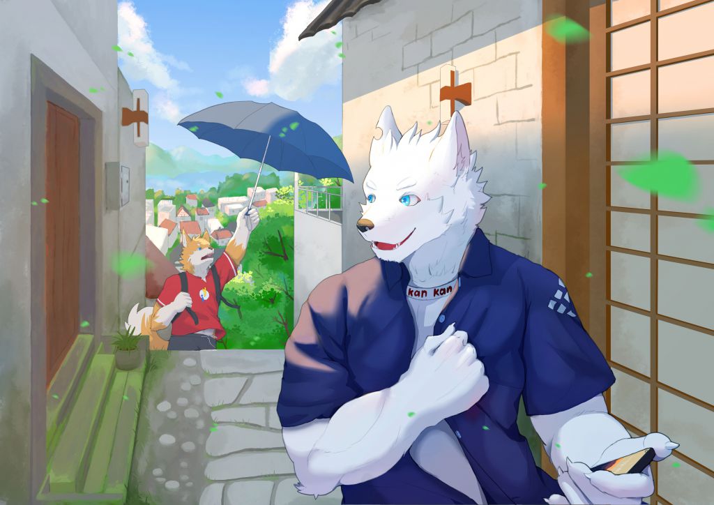 给阿义和自己的赠图！ by 刊刊, 狗, 狼, 兽人, 全身, 双人, 猞猁, 复杂背景
