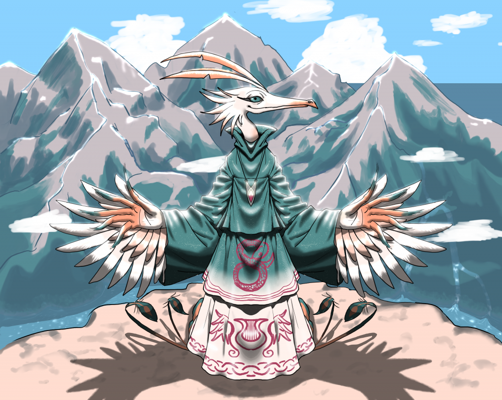 Ezileke by eukaryoticprokaryote, avian, robe, mountain, water, colorful, feathers, feather, crest, ambiguous gender