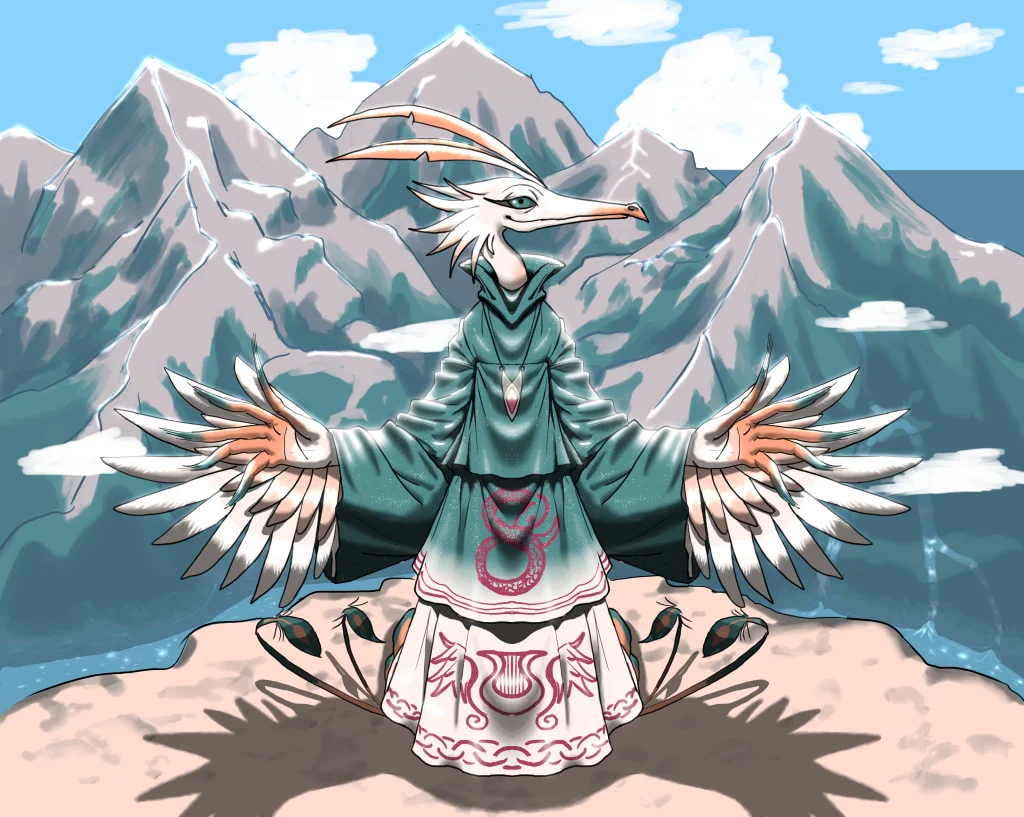 Ezileke by eukaryoticprokaryote, avian, robe, mountain, water, colorful, feathers, feather, crest, ambiguous gender