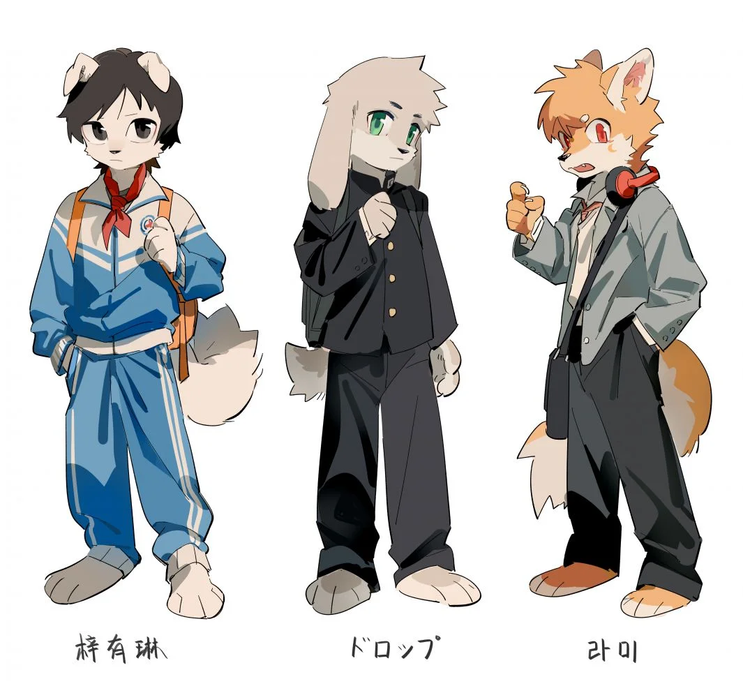 中日韩校服对比 by 花生RKS, 插图, 兽人, 插画, 兔, 狐, 狗