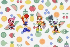 Amy, Sally, Marine and Tangle on the first fruit pattern by Marc Brown