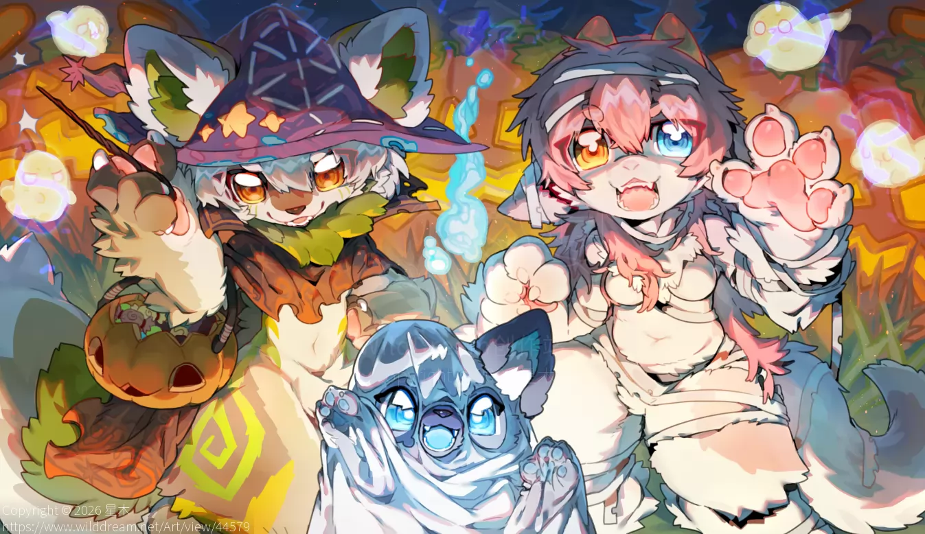 万圣节贺图 by 星木, furry, furry oc, 全身, 场景, 插画